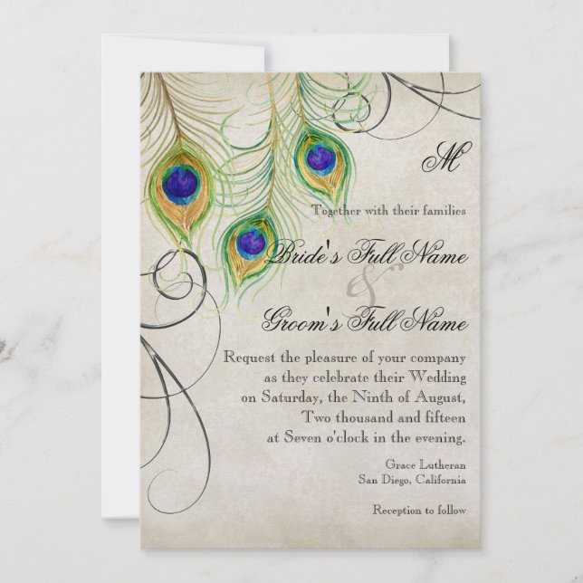 Convites Peacock Feather Casamento tema damasco Stationery (Frente)