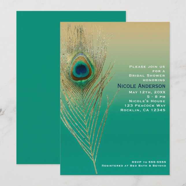 Convites Peacock Feather Sand and Teal Boho Glam Invent (Frente/Verso)