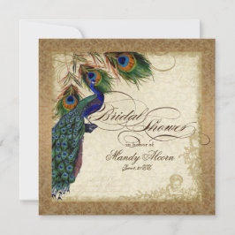 Convites Peacock & Feather Vintage Dourado Damask Scrollwor
