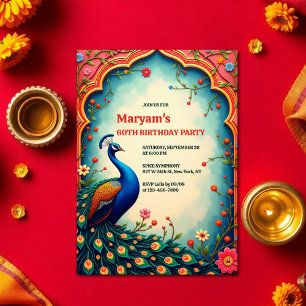 Convites Peacock Floral 60º Aniversário do Elegante Indiano
