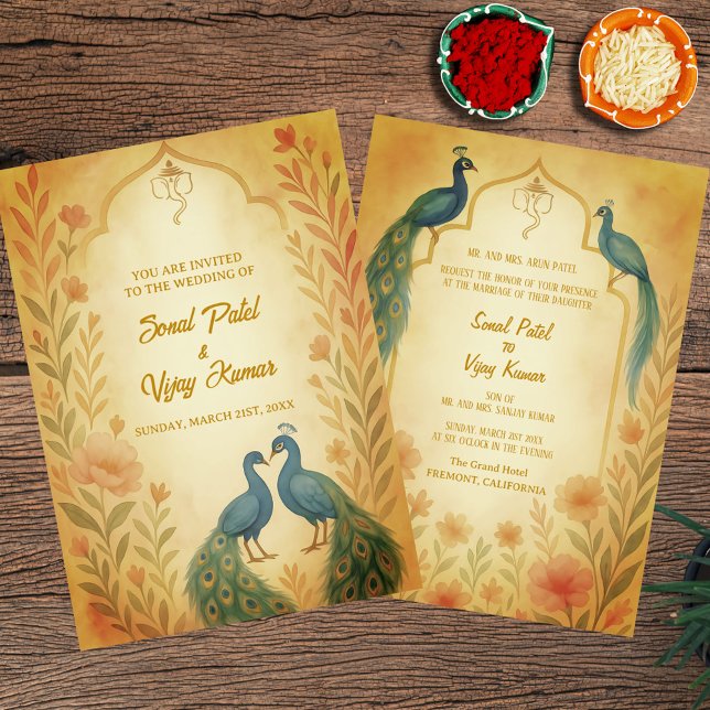 Convites Peacock Floral Indian Hindu Wedcolor (Criador carregado)