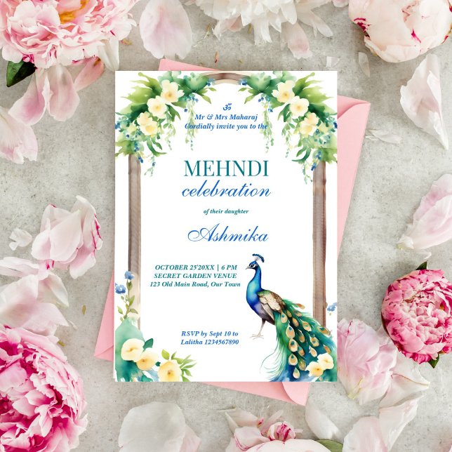 Convites Peacock jasmine arca do casamento indiano mehndi (Peacock jasmine garden arch Indian wedding mehndi template invitation instant digital download)