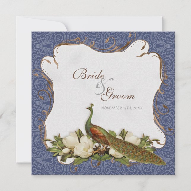 Convites Peacock Magnolia Casamento tema damasco de espiral (Frente)