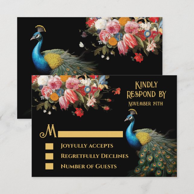 Convites Peacock Moody Floral Indian Wedding RSVP (Frente/Verso)