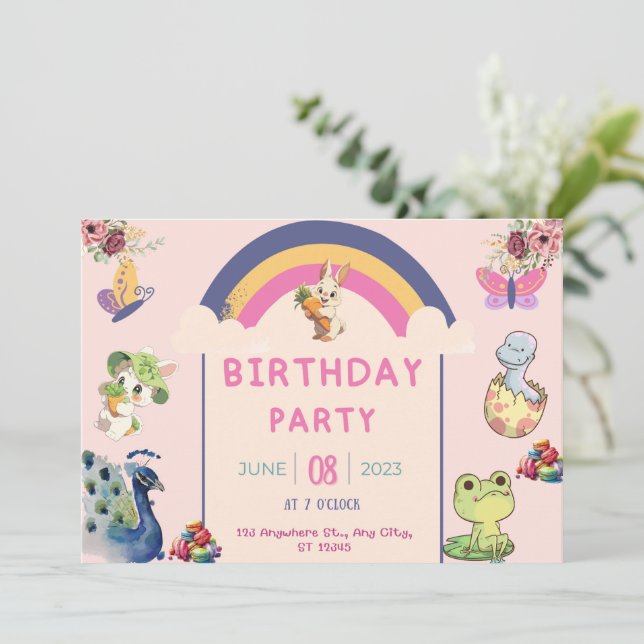 Convites Peacock Patina e belos animais de aniversário (Em pé/Frente)