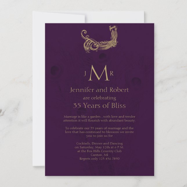Convites Peacock Regency em Roxo Aniversário de Casamento (Frente)
