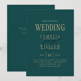Convites Peacock TEAL Dourado Casamento Monocromático Verde