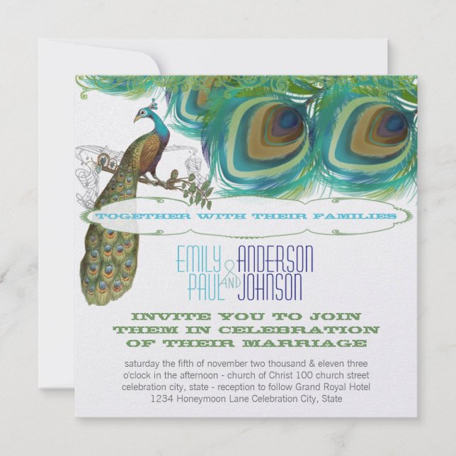 Convites Peacock Vintage 4 Feenas com Peacock (Frente)