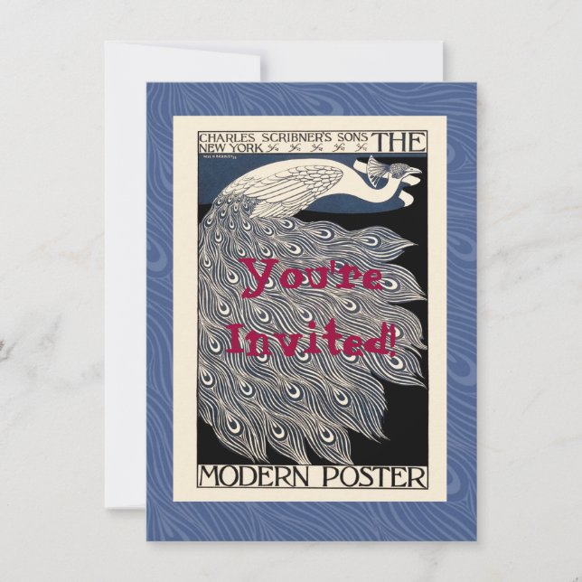 Convites Peacock Vintage Blue Art Nouveau Art (Frente)
