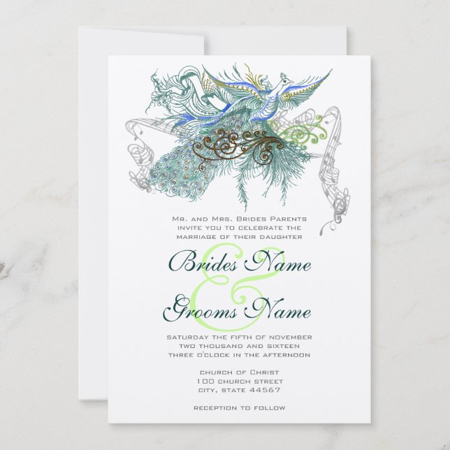 Convites Peacock Vintage Love Birds (Frente)