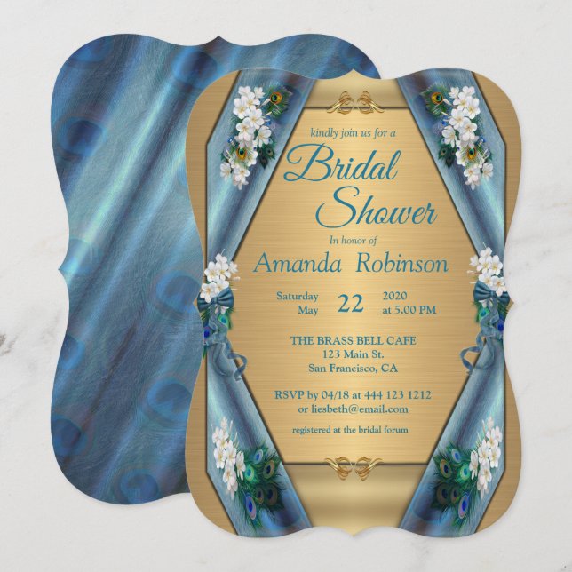 Convites Peacocks e Emerald Verde Metálico Seda & Dourada (Frente/Verso)