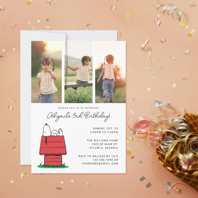 Convites Peanuts Snoopy Dog House Foto de aniversário (Invitation on table)