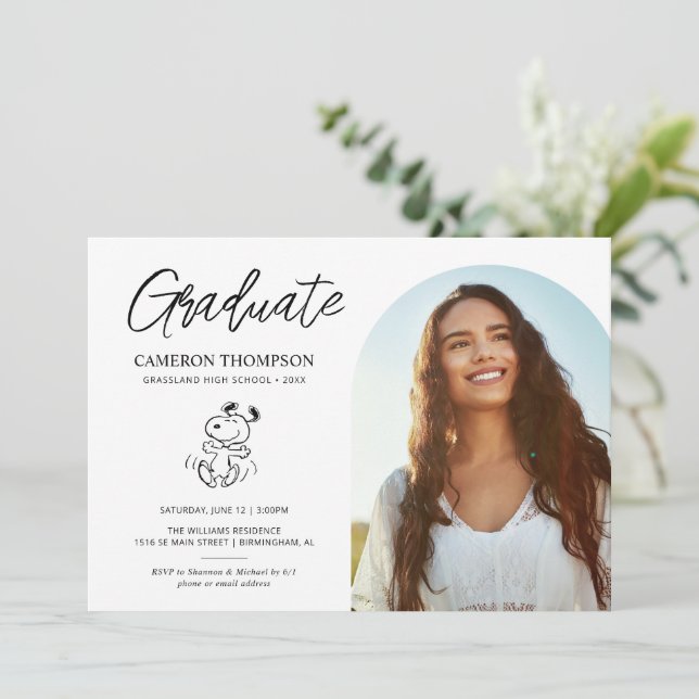 Convites Peanuts Snoopy | Festa de formatura escolar (Em pé/Frente)