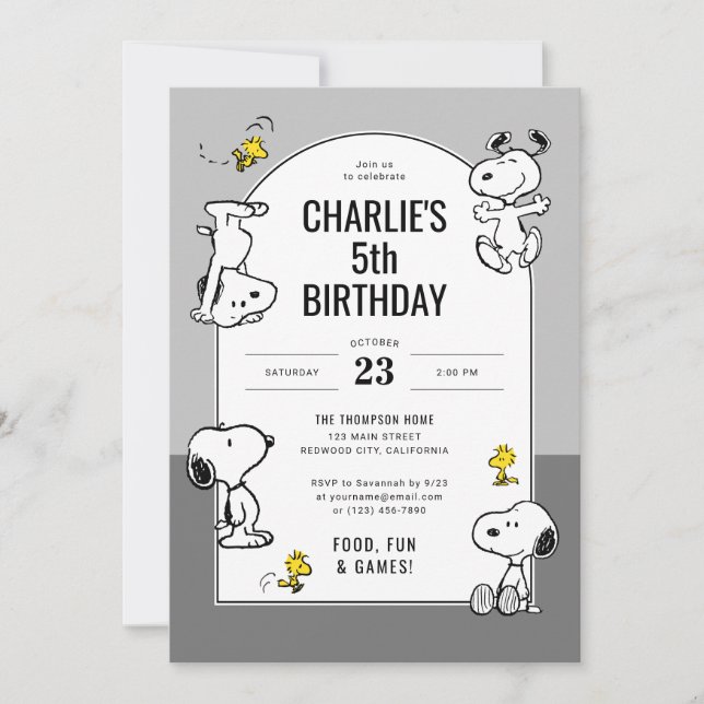 Convites Peanuts Snoopy & Woodstock Cinza Aniversário (Frente)