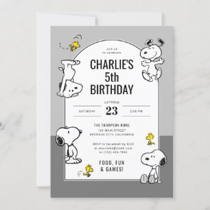 Convites Peanuts Snoopy & Woodstock Cinza Aniversário