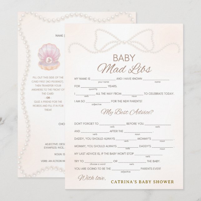 Convites Pearl Baby Shower Game - Editable Name, 5x7 (Frente/Verso)