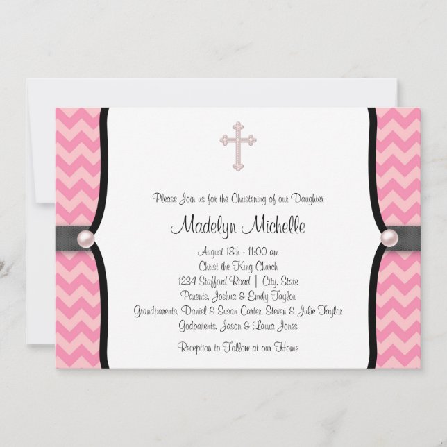 Convites Pearl Cross Pink Chevron Christening (Frente)