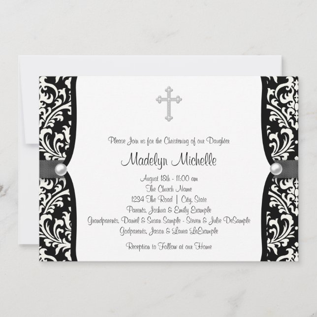 Convites Pearl Cross White e Black Damask Christening (Frente)