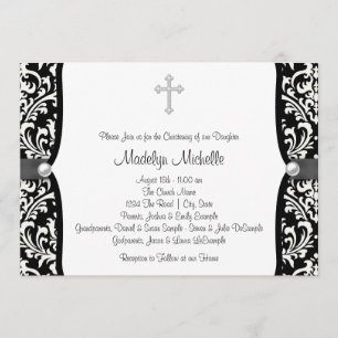 Convites Pearl Cross White e Black Damask Christening
