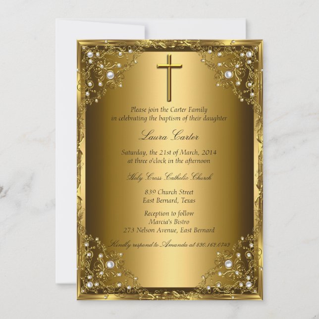 Convites Pearl Damask & Cross Dourado Baptism (Frente)