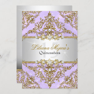 Convites Pearl Damask Quinceanera, Roxo e Dourado