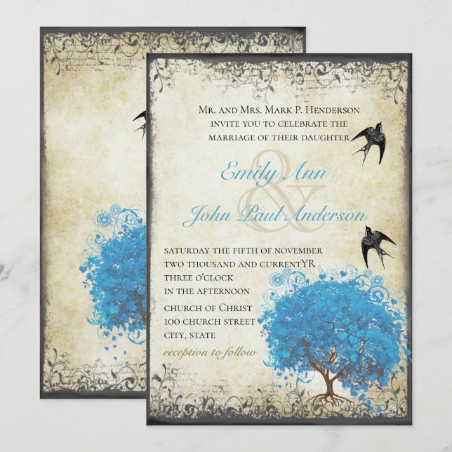 Convites Pearl de pássaro de folha de coração azul (Frente/Verso)