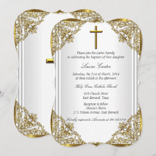 Convites Pearl Dourado Branco Damask Cross Baptism Christen