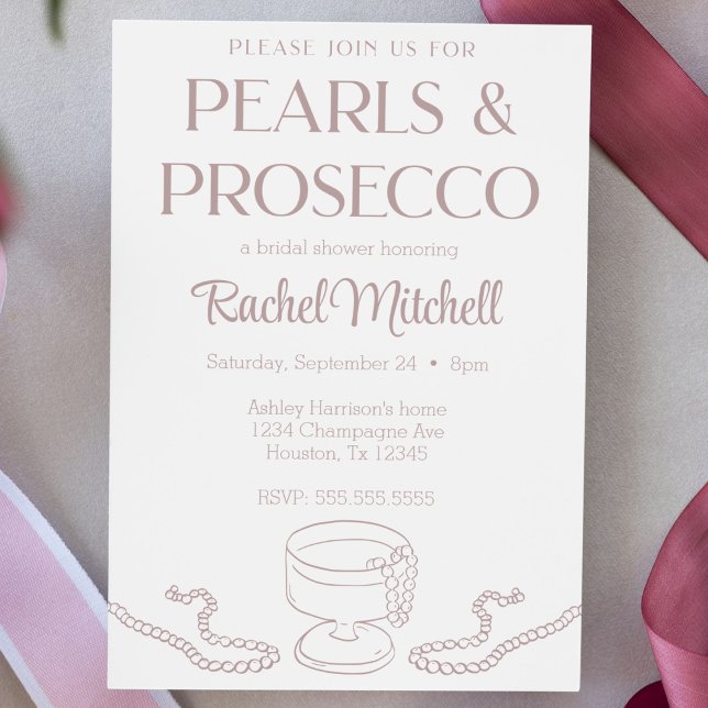 Convites Pearl e Prosecco, cor-de-rosa/Chá (pearls and Prosecco hand drawn doodle bridal shower invitation pink cute modern lingerie shower )