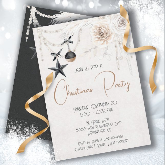 Convites Pearl Floral Black & White Christmas Party (Criador carregado)