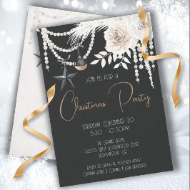 Convites Pearl Floral Black & White Christmas Party