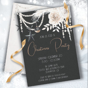 Convites Pearl Floral Black & White Christmas Party