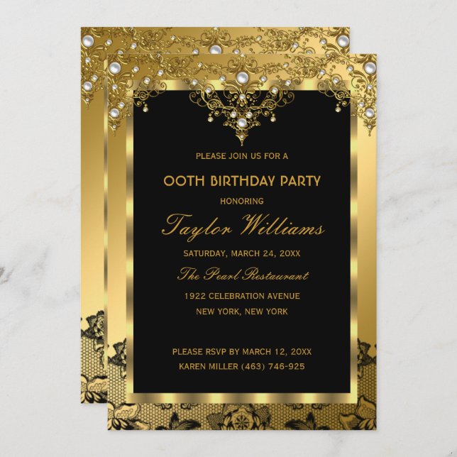 Convites Pearl Lace Dourado Glamor Festa de aniversário (Frente/Verso)