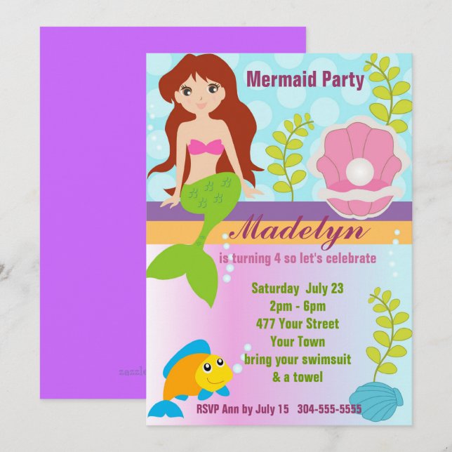 Convites Pearl Mermaid Piscina (Frente/Verso)