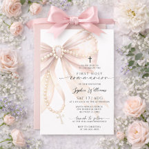 Pearl Rosary Bow First Holy Communion Invitation