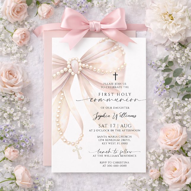 Convites Pearl Rosary Bow First Holy Communion Invitation (Criador carregado)