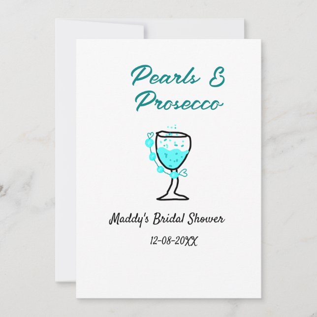 Convites Pearls and prosecco bridal shower blue black name  (Frente)