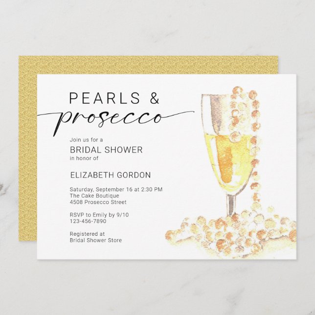 Convites Pearls and Prosecco Bridal Shower Custom Minimal  (Frente/Verso)