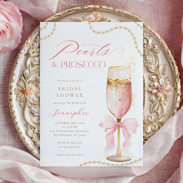 Convites Pearls and Prosecco Pink Bow Bridal Shower  (Criador carregado)