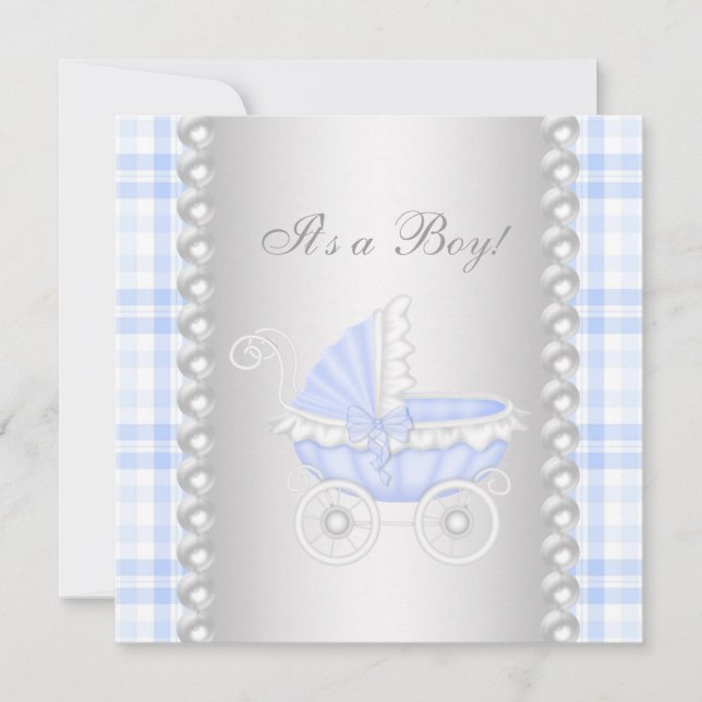 Convites Pearls Blue Gingham Carruagem Baby Boy Chá (Frente)