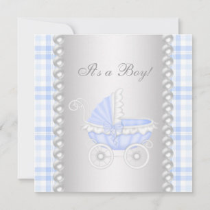 Convites Pearls Blue Gingham Carruagem Baby Boy Chá