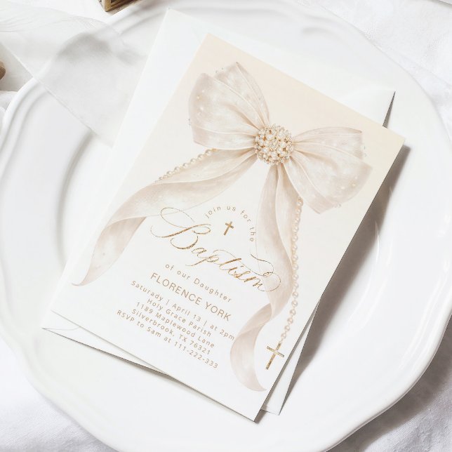 Convites Pearls Gold Bow Girl Baptism Religious (Criador carregado)