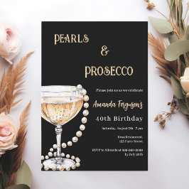Convites Pearls Prosecco - aniversário preto de ouro