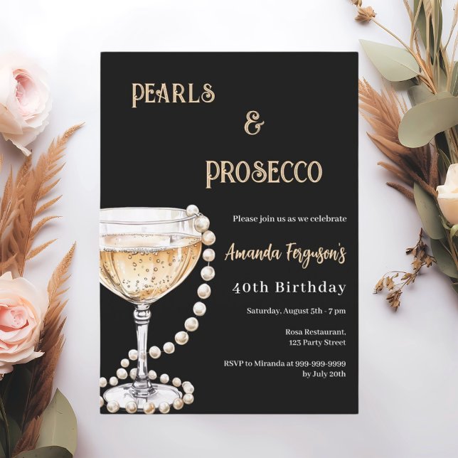 Convites Pearls Prosecco - aniversário preto de ouro (Criador carregado)
