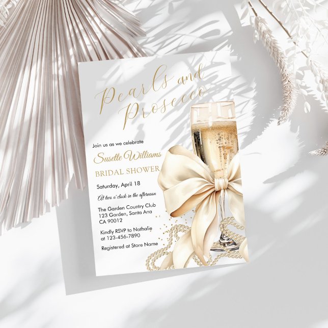 Convites Pearls & Prosecco Bow Bridal Shower Invitation (Prosecco & Pearls Bridal Shower Invitation)
