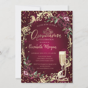 Convites Pearls Prosecco Diamond Burgundy Rosa Quinceañera
