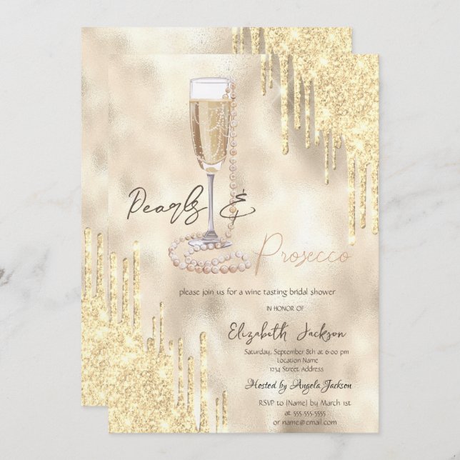 Convites Pearls Prosecco Dourado Glitter Drives Chá de pane (Frente/Verso)