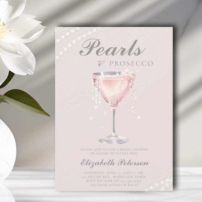 Convites Pearls Prosecco Dusty Chá de panela de Brunch Rosa (pearls and prosecco bridal shower invitation dusty pink bubbly calligraphy elegant classic romantic)