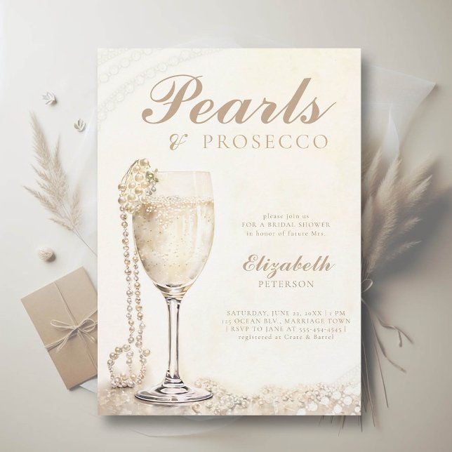 Convites Pearls Prosecco Ecru Elegant BrunChá de panela (pearls and prosecco bridal shower invitation brunch lunch elegant modern romantic watercolor ecru)