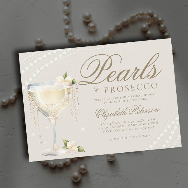 Convites Pearls Prosecco Elegant Ecru BrunChá de panela (pearls and prosecco bridal brunch invitation champagne bubbly ivory ecru elegant modern classic)