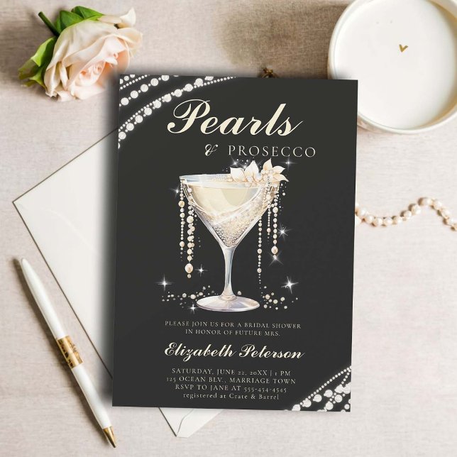 Convites Pearls Prosecco Ivory Black Elegante Chá de panela (pearls prosecco bridal shower invitation brunch template card champagne watercolor ivory black)
